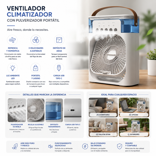Ventilador Climatizador con pulverizador portátil